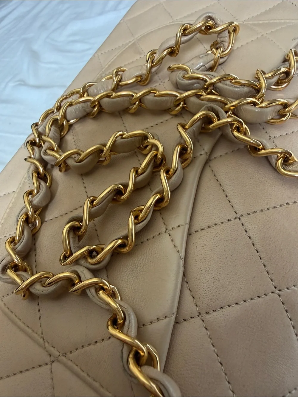 VIntage CHANEL Quilted Double Flap Shoulder Bag in Beige with Gold Hardware